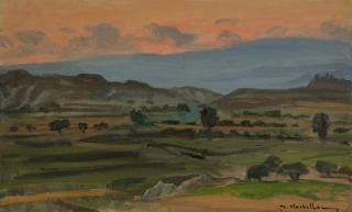 Cypriot Landscape at Sunset — Oil painting, Canvas, 38.00×61.00cm — Theodoros Markellos